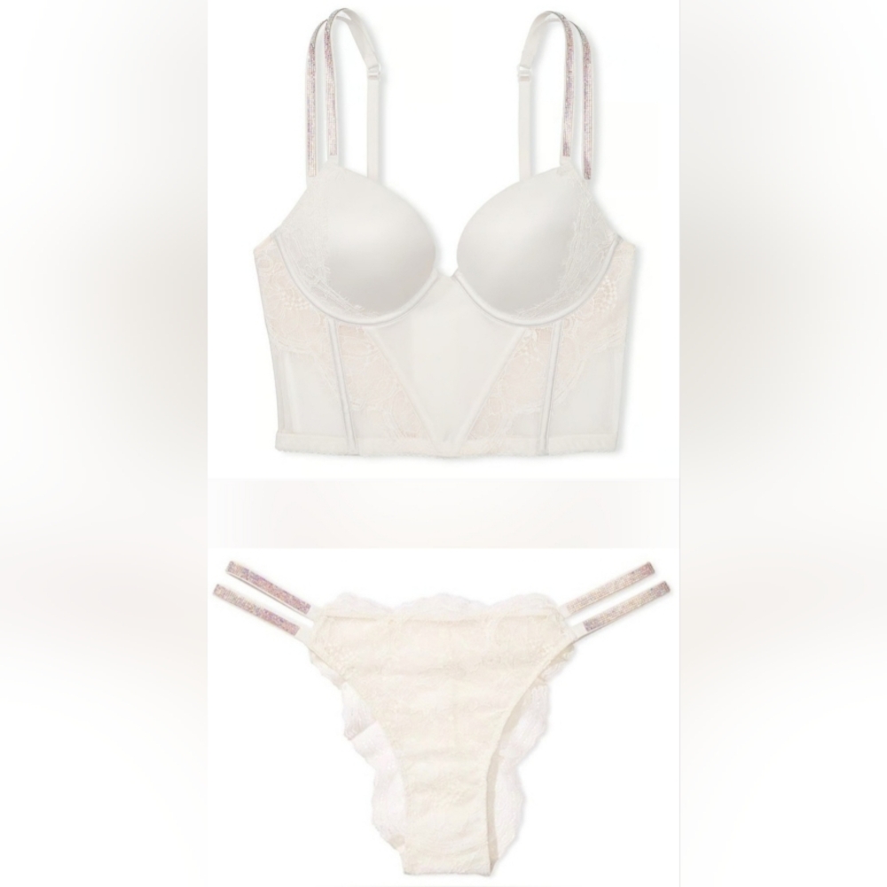 38C/L VS Double Shine Strap Corset Top Brazilian Panty Set Coconut White